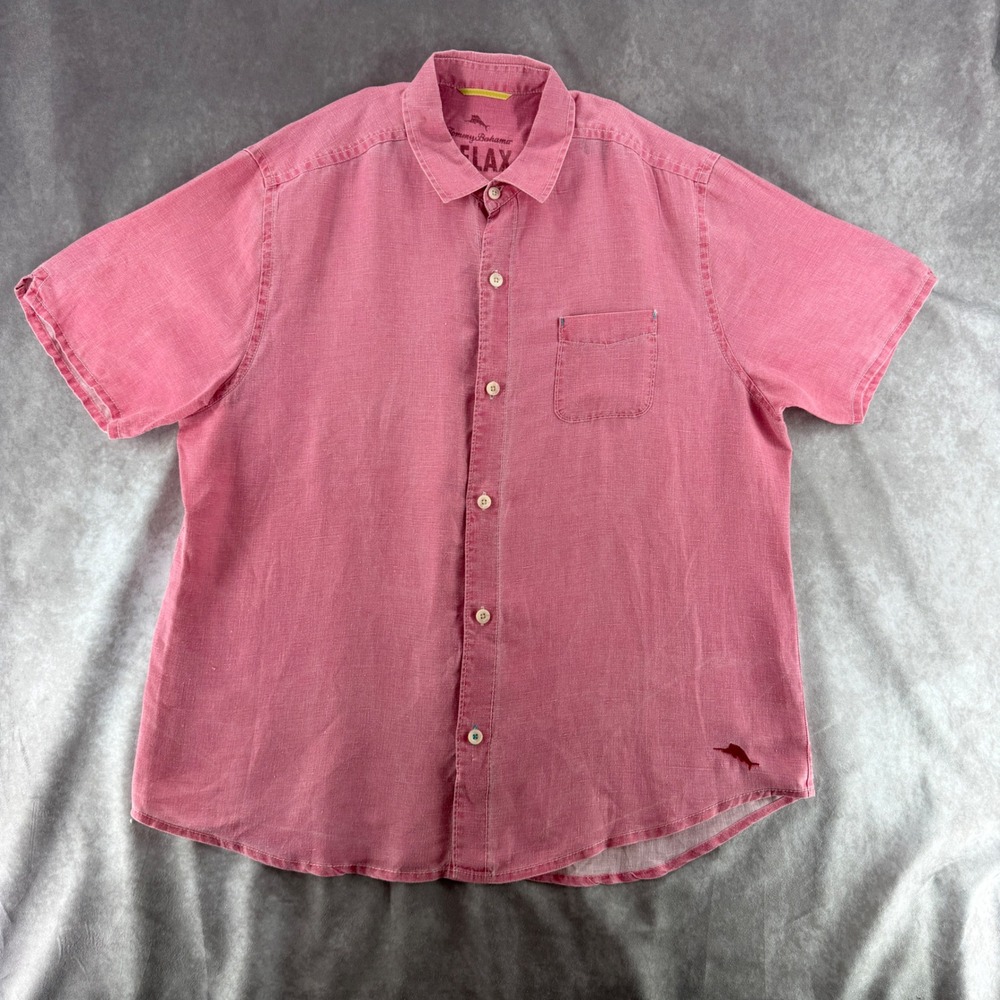 Tommy Bahama Relax Mens Large Pink 100% Linen Short Sleeve Button Down Shirt